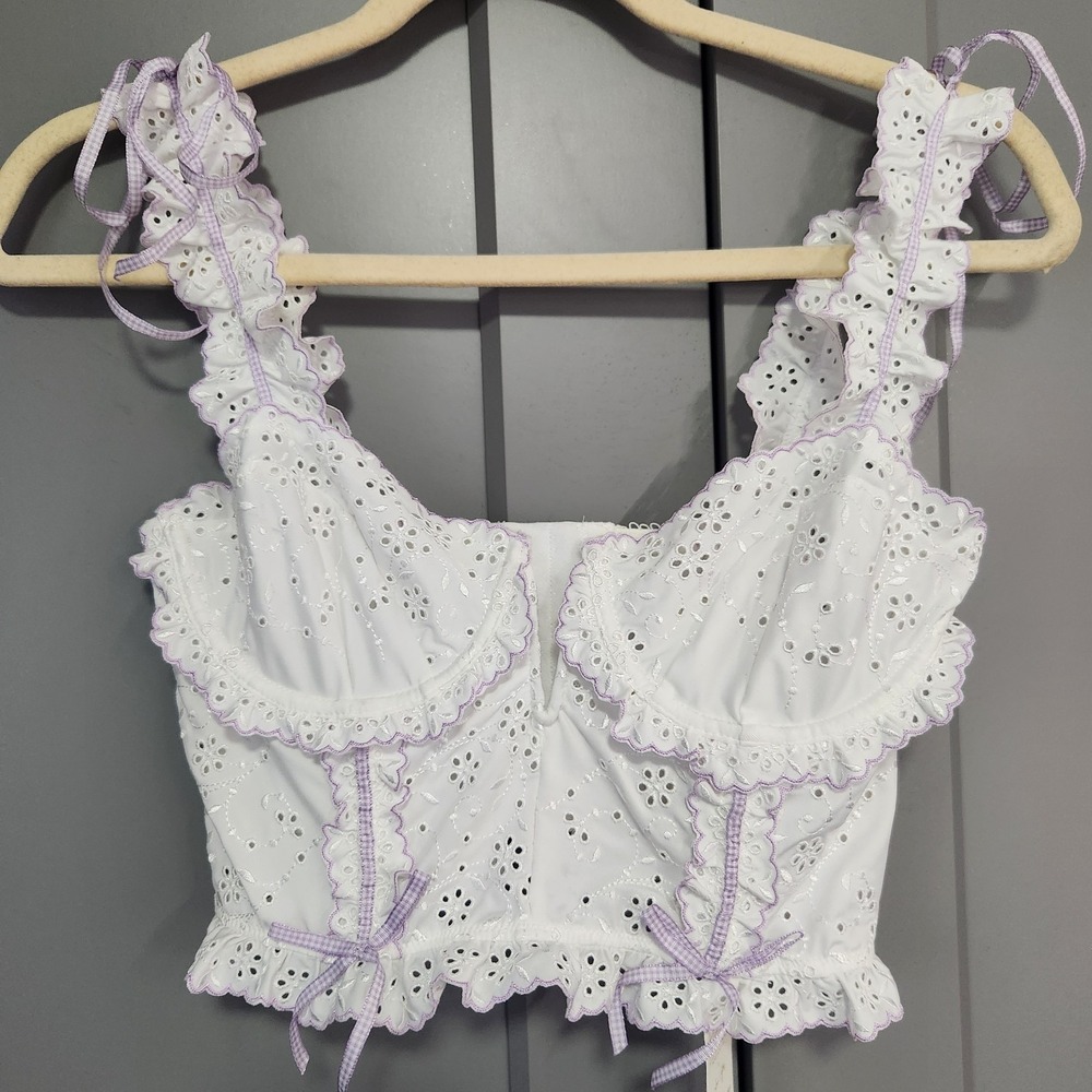 New For Love & Lemons Swirl Eyelet Bustier Coquette Top 36B White Purple Bows